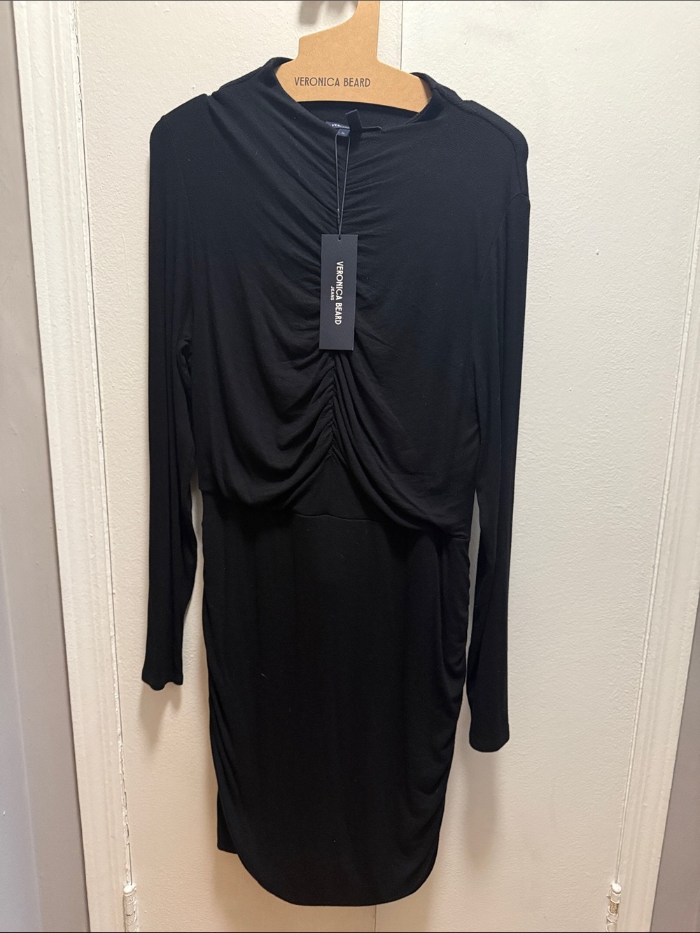 Veronica Beard Black Ruched Long-Sleeve Midi Dress with Gathered Front